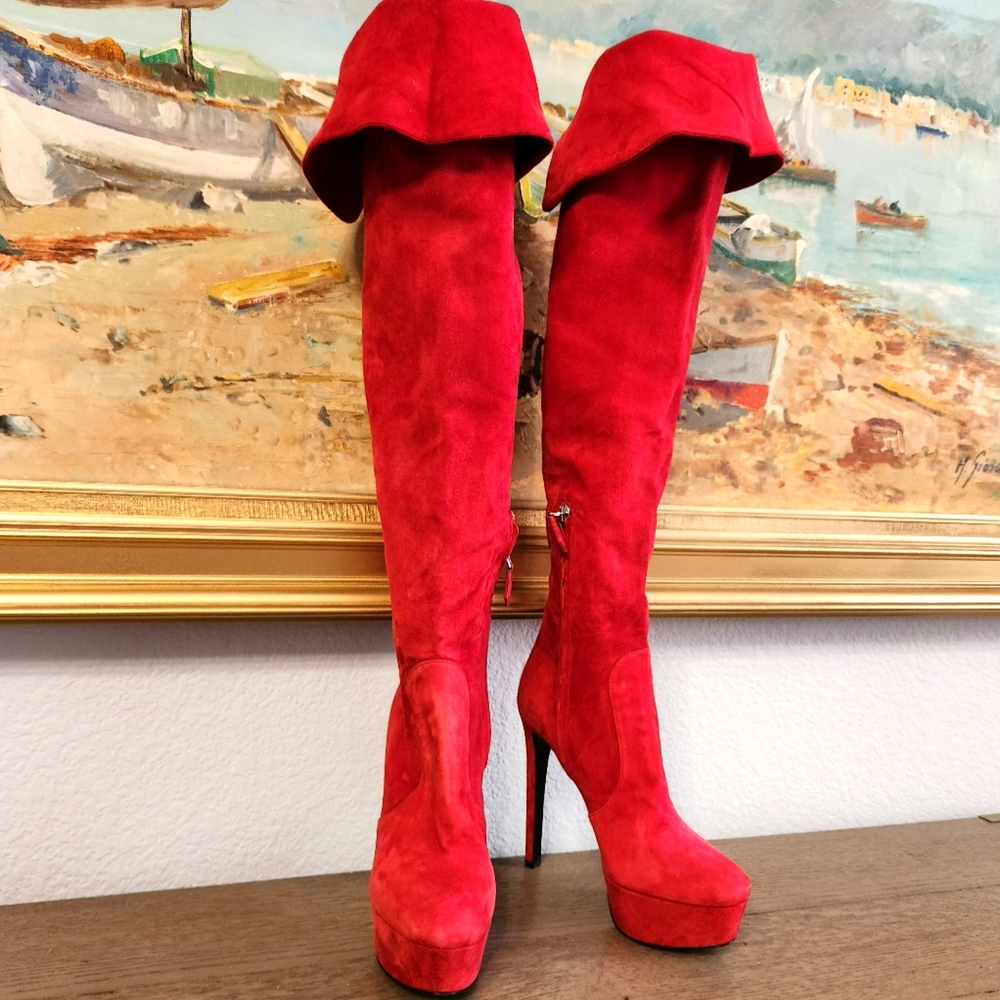 PRADA RED SUEDE BOOTS SIZE 36.5 FITS 37!